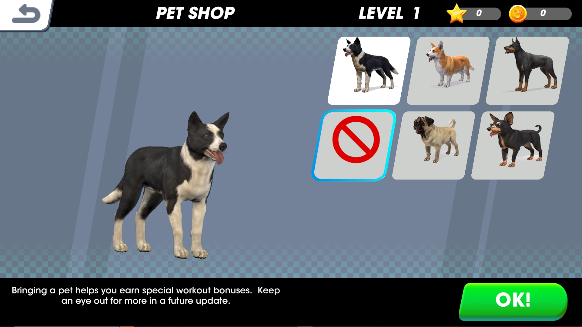 screenshot of pet selection screen