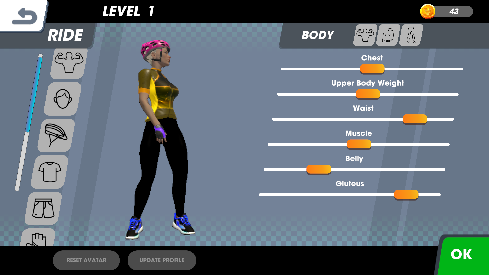 screenshot of avatar and body sliders