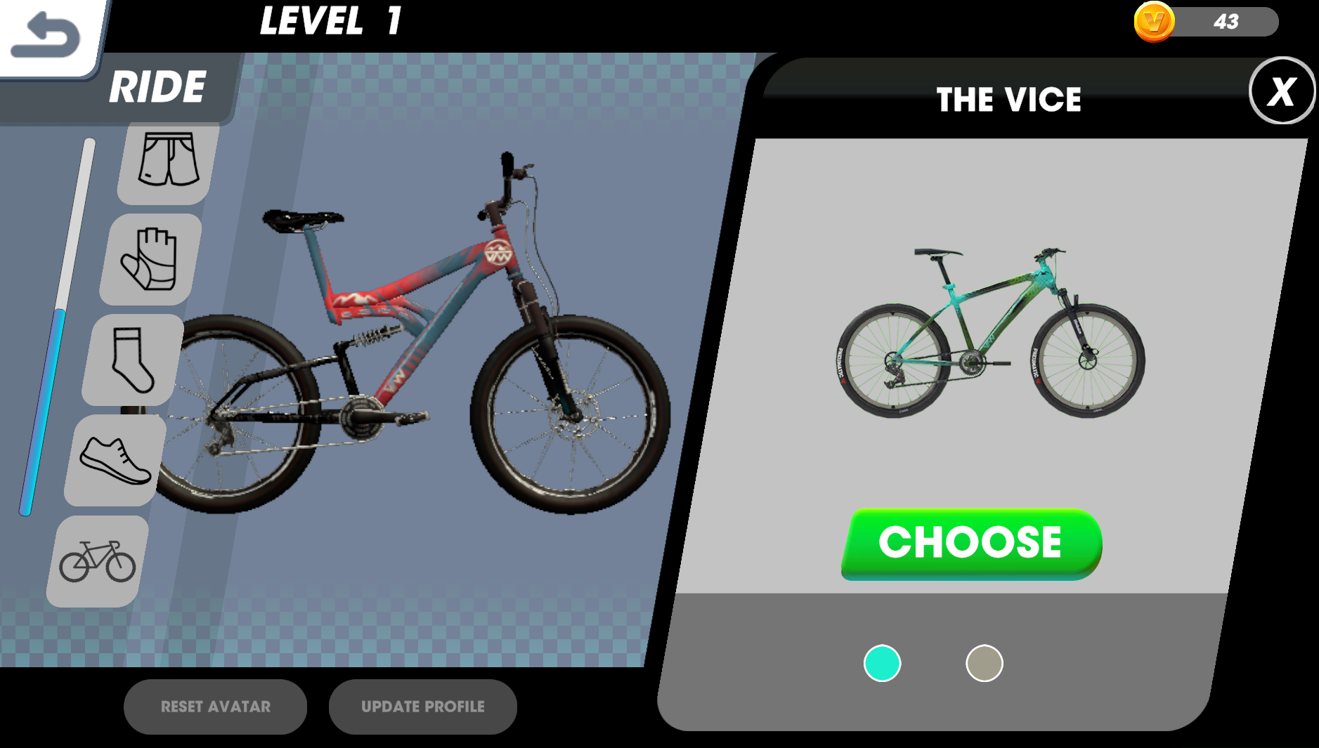 screenshot of bike selection