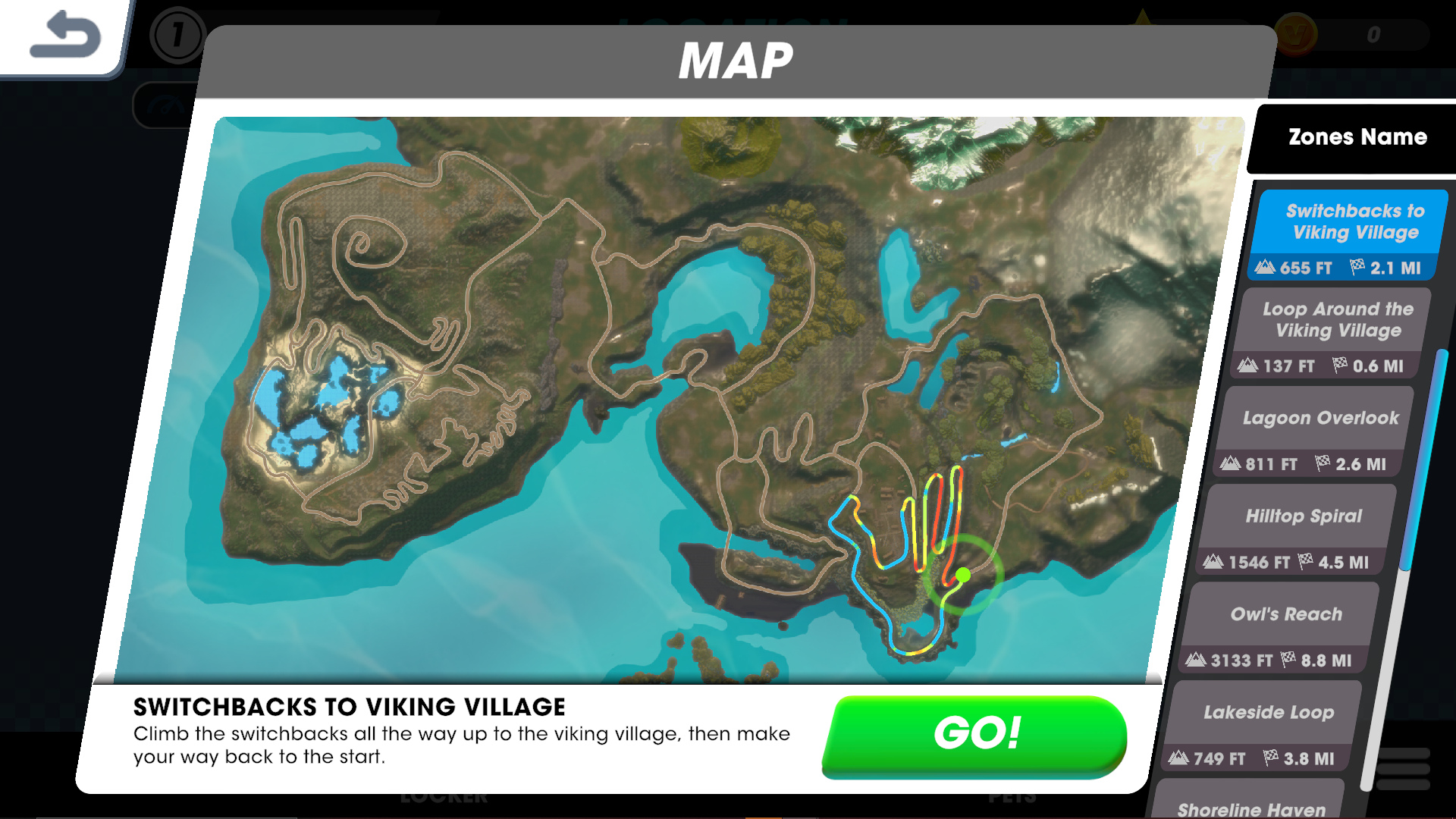 screenshot of route selection screen